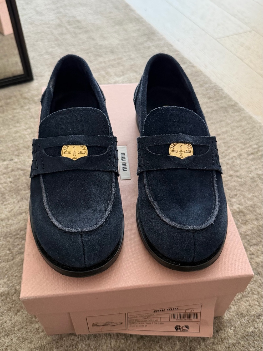 Miu Miu Navy Suede Penny Loafers
